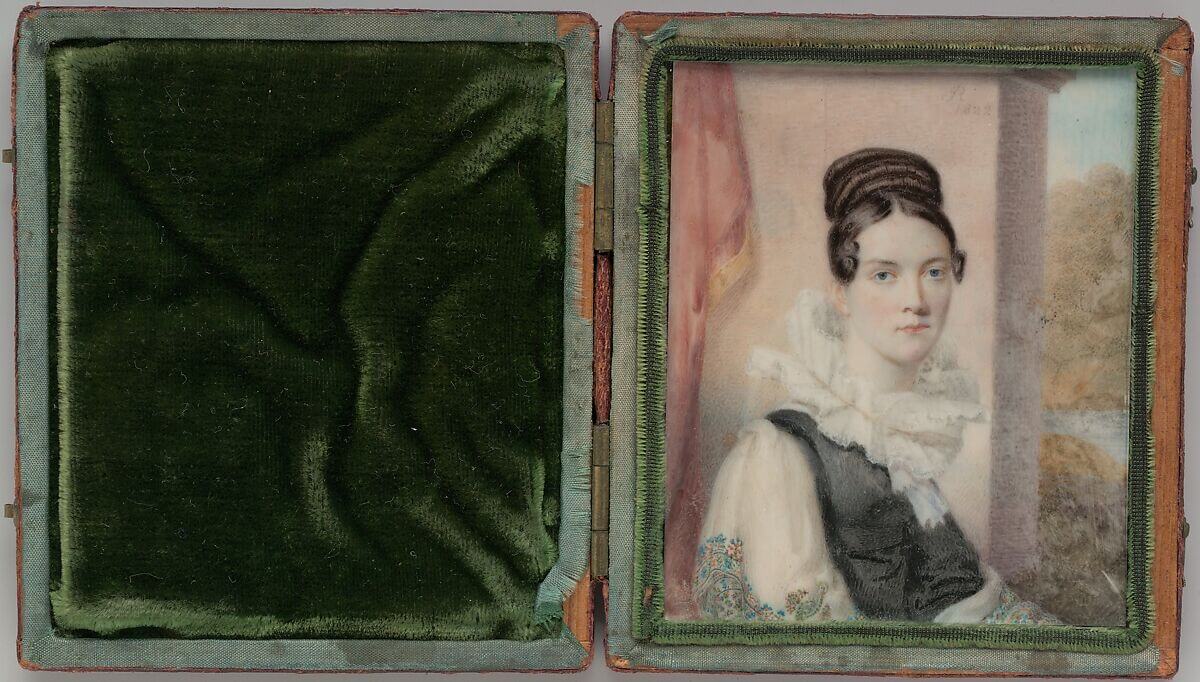 Antique miniature portrait of a woman in a velvet-lined display case, featuring 19th-century fashion with a ruffled collar and intricate hairstyle. Vintage style evokes timeless beauty, reinvention, and the evolution of identity — ideal for a blog post from Sweet Pea Ink Creative about personal brand transformation in midlife.