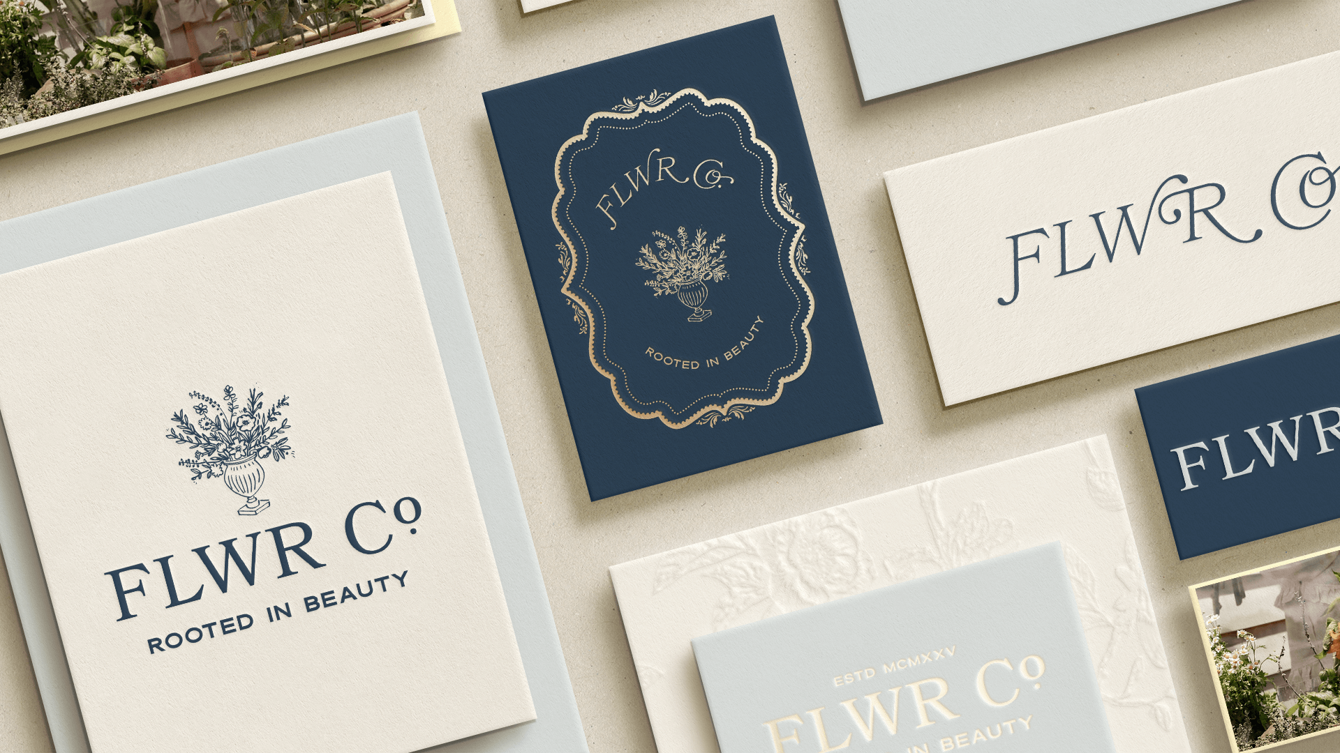Flat lay of custom floral branding mockups for FLWR Co. featuring elegant typography and vector illustrations. Designed by Sweet Pea Ink Creative, a Showit web designer and brand strategist. Highlights the professional difference between Canva and true vector-based design tools.