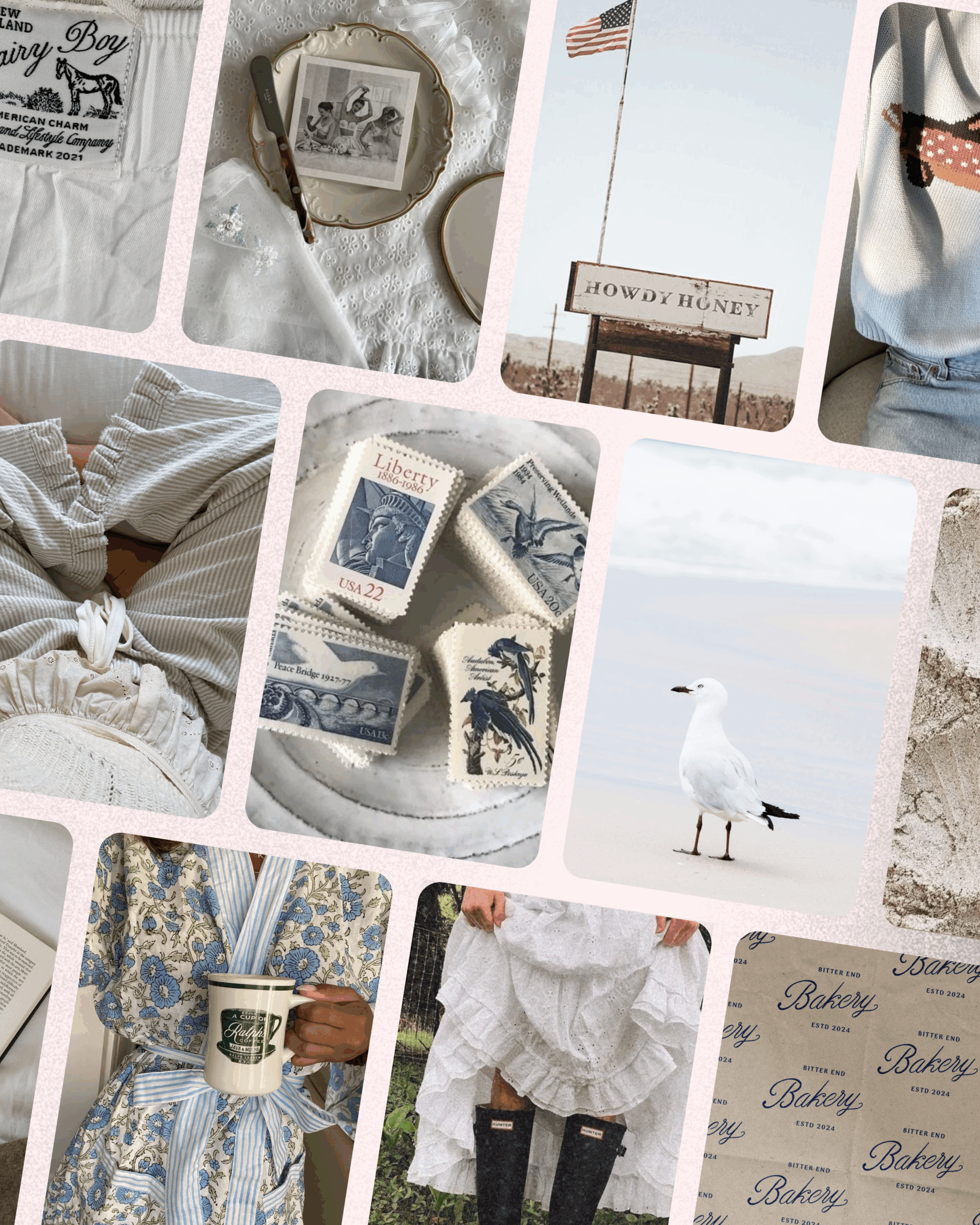 A soft, nostalgic collage from brand designer Sweet Pea Ink Creative, of vintage Americana and cottagecore summer vibes. Includes imagery of postage stamps, embroidered textiles, a "Howdy Honey" sign, vintage dishes, floral robes, handwritten notes, a seagull on a quiet beach, and ruffled white dresses paired with rain boots. The palette is muted and romantic with touches of sand, cream, and dusty blue.